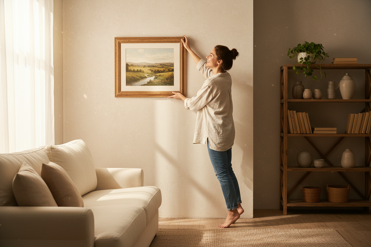 a woman in her house smiling fixing a picture in her wall
